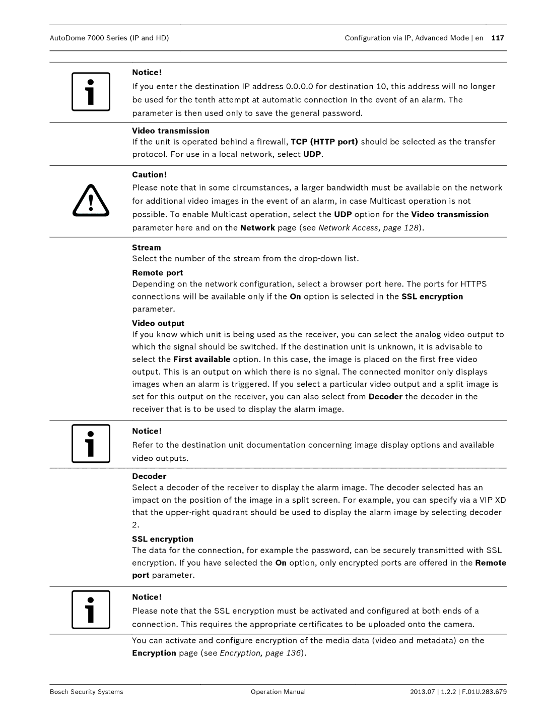 Bosch Appliances 7000 manual Video transmission, Stream, Remote port, Video output, Decoder, SSL encryption 