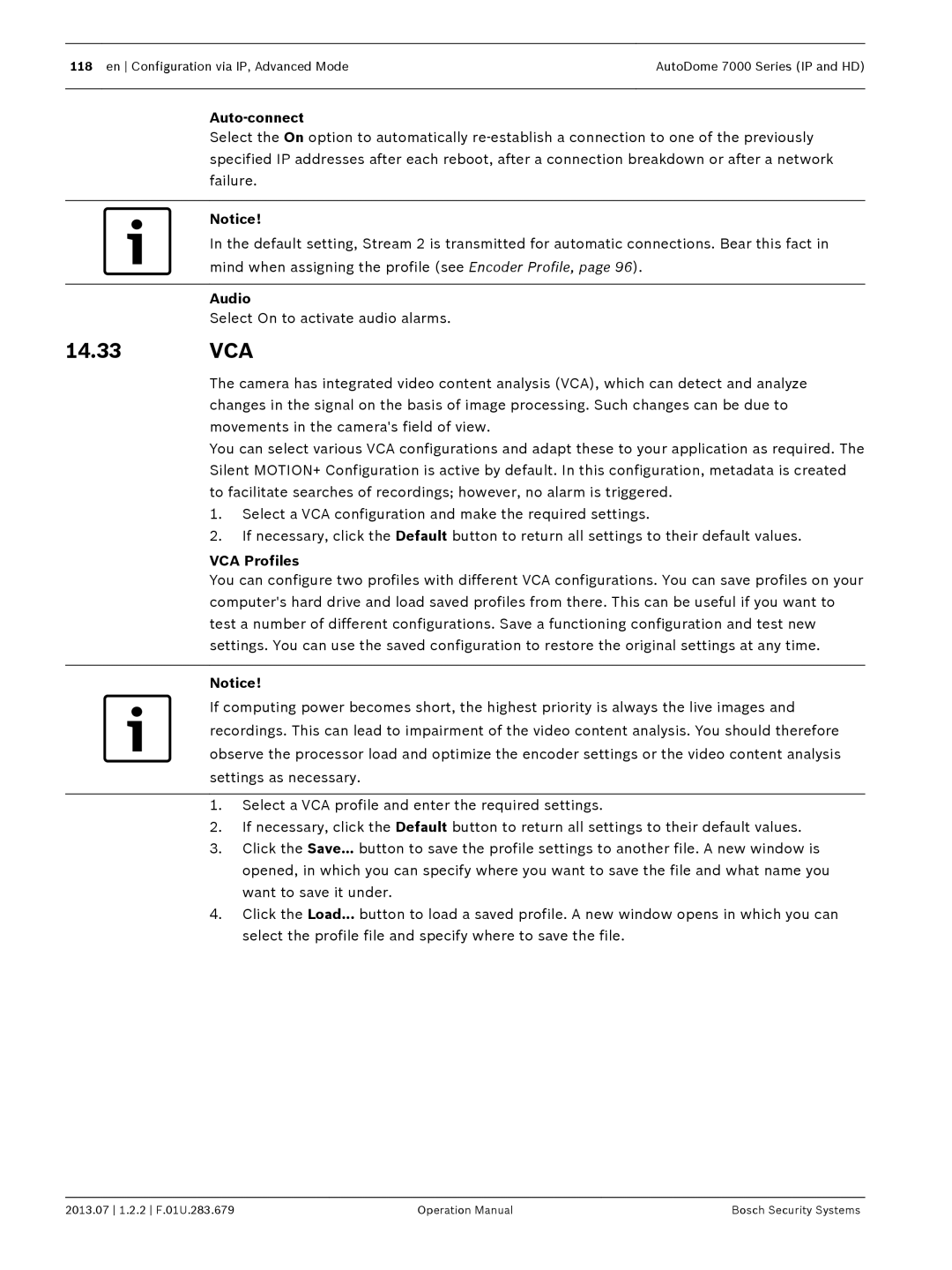 Bosch Appliances 7000 manual 14.33 VCA, Auto-connect, Select On to activate audio alarms, VCA Profiles 