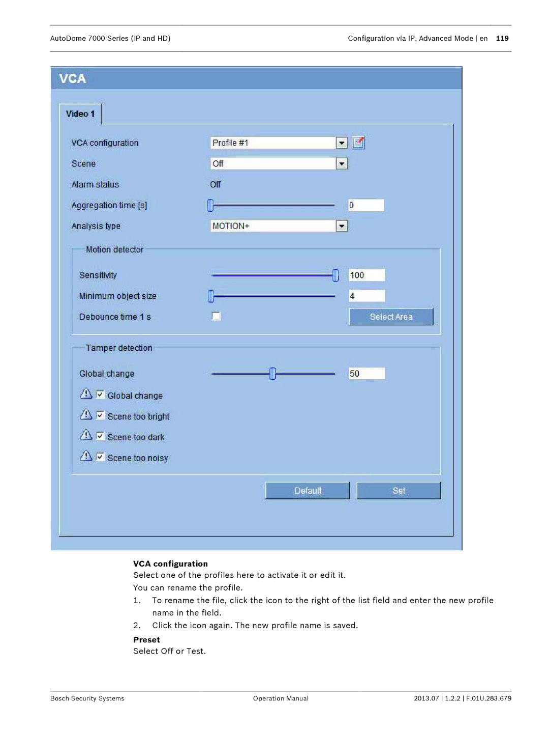 Bosch Appliances 7000 manual VCA configuration, Preset, Select Off or Test 