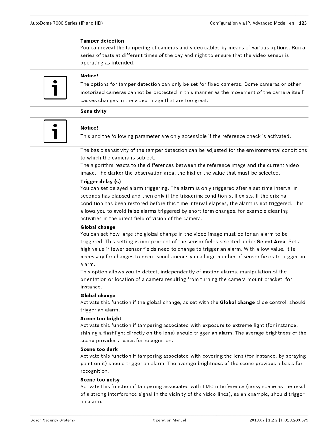 Bosch Appliances 7000 Tamper detection, Sensitivity, Trigger delay s, Global change, Scene too bright, Scene too dark 