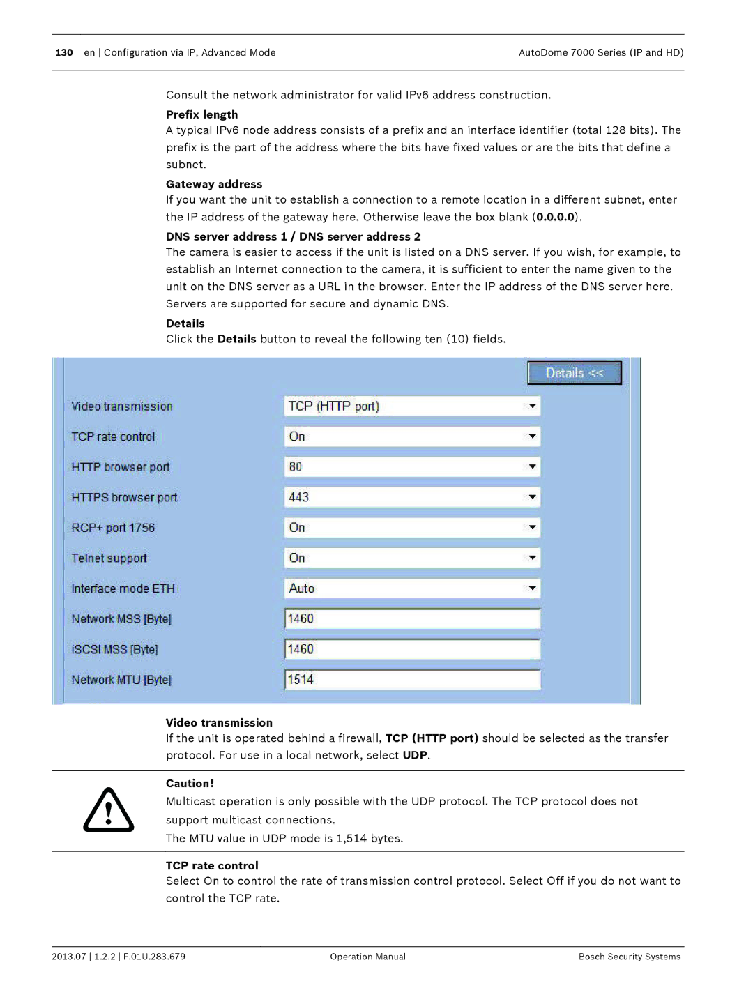 Bosch Appliances 7000 manual Prefix length, DNS server address 1 / DNS server address, Details, TCP rate control 