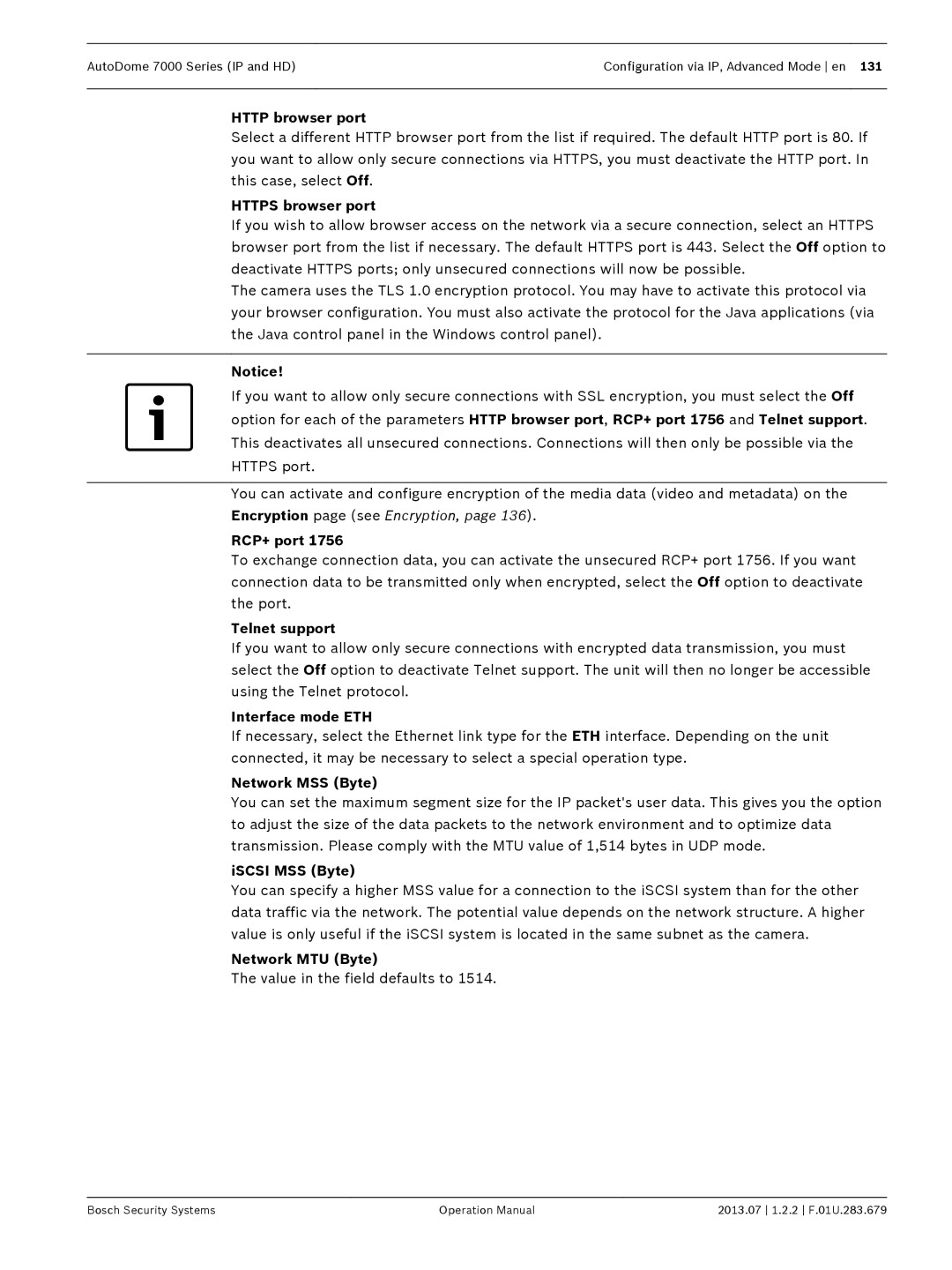 Bosch Appliances 7000 Http browser port, Https browser port, RCP+ port, Telnet support, Interface mode ETH, ISCSI MSS Byte 