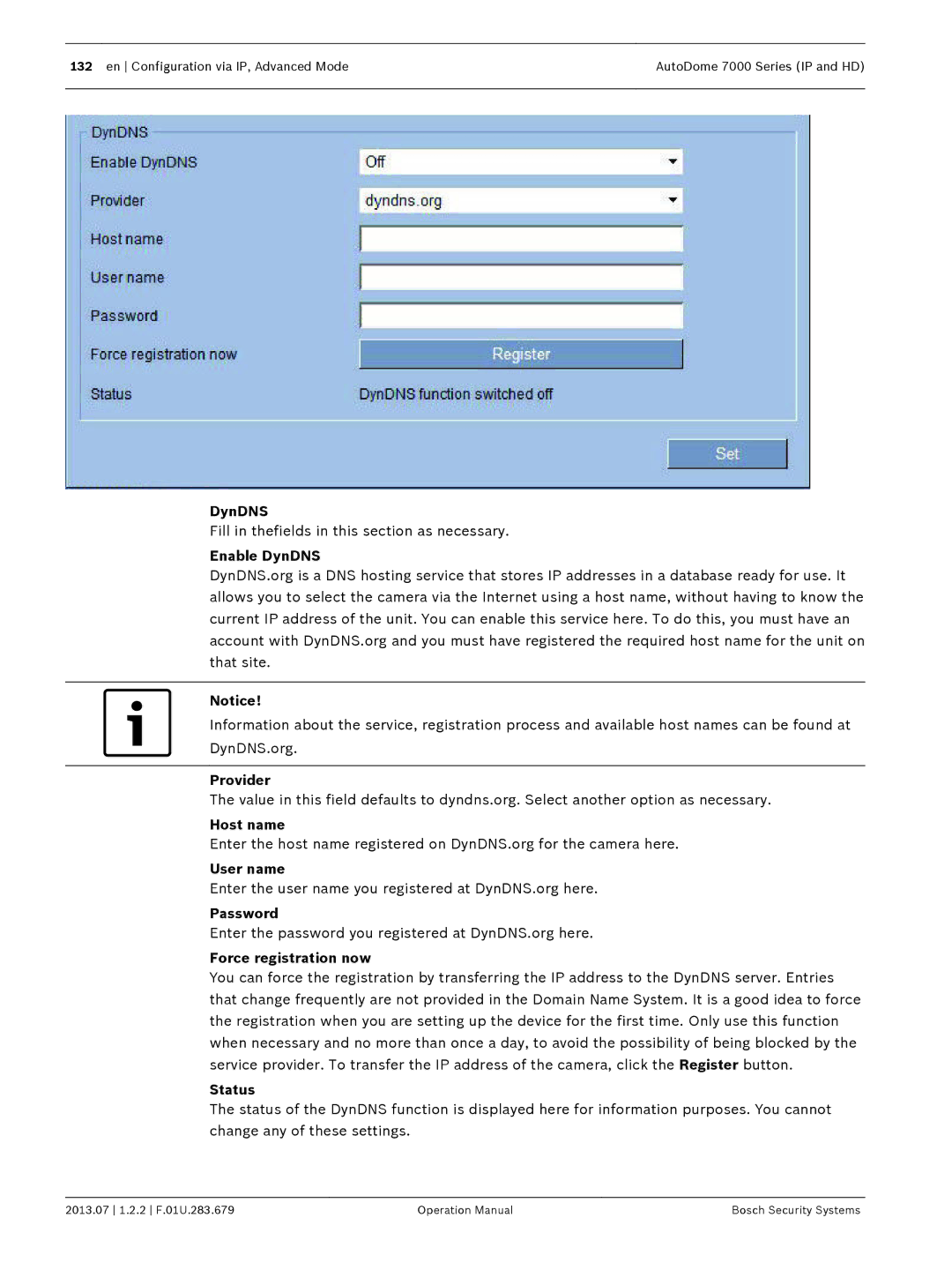 Bosch Appliances 7000 manual Enable DynDNS, Provider, Host name, User name, Force registration now, Status 
