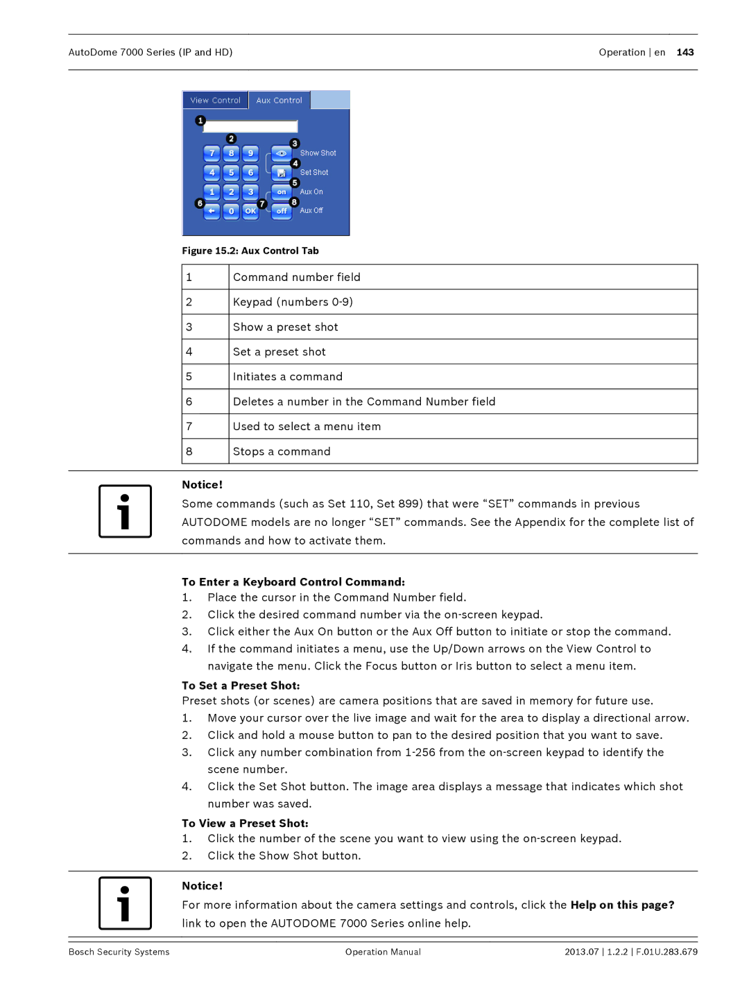 Bosch Appliances 7000 manual To Enter a Keyboard Control Command, To Set a Preset Shot, To View a Preset Shot 