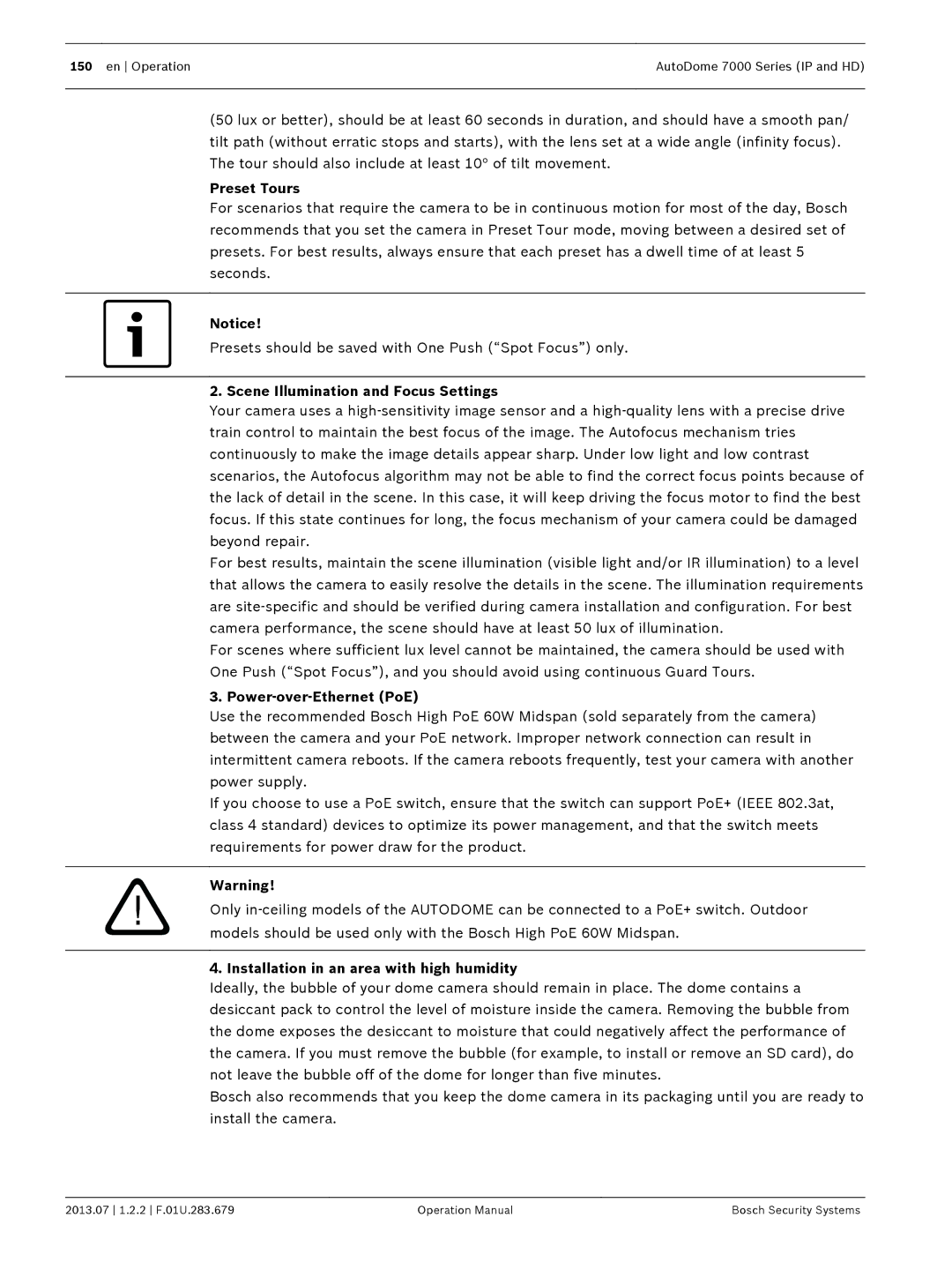 Bosch Appliances 7000 manual Preset Tours, Scene Illumination and Focus Settings, Power-over-Ethernet PoE 