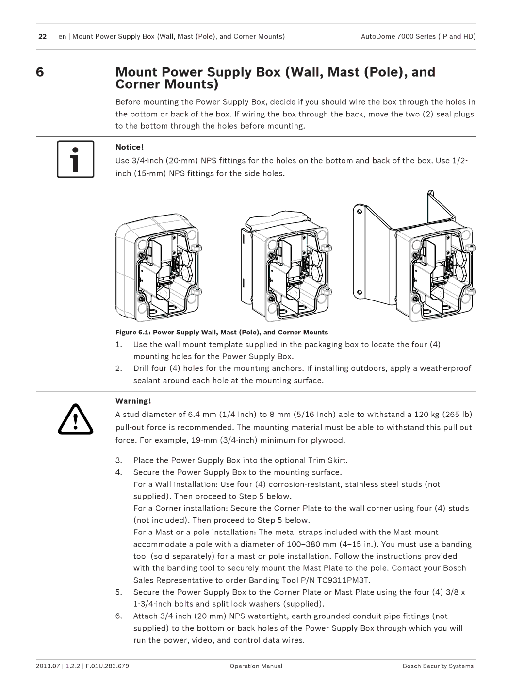 Bosch Appliances 7000 manual Mount Power Supply Box Wall, Mast Pole, Corner Mounts 