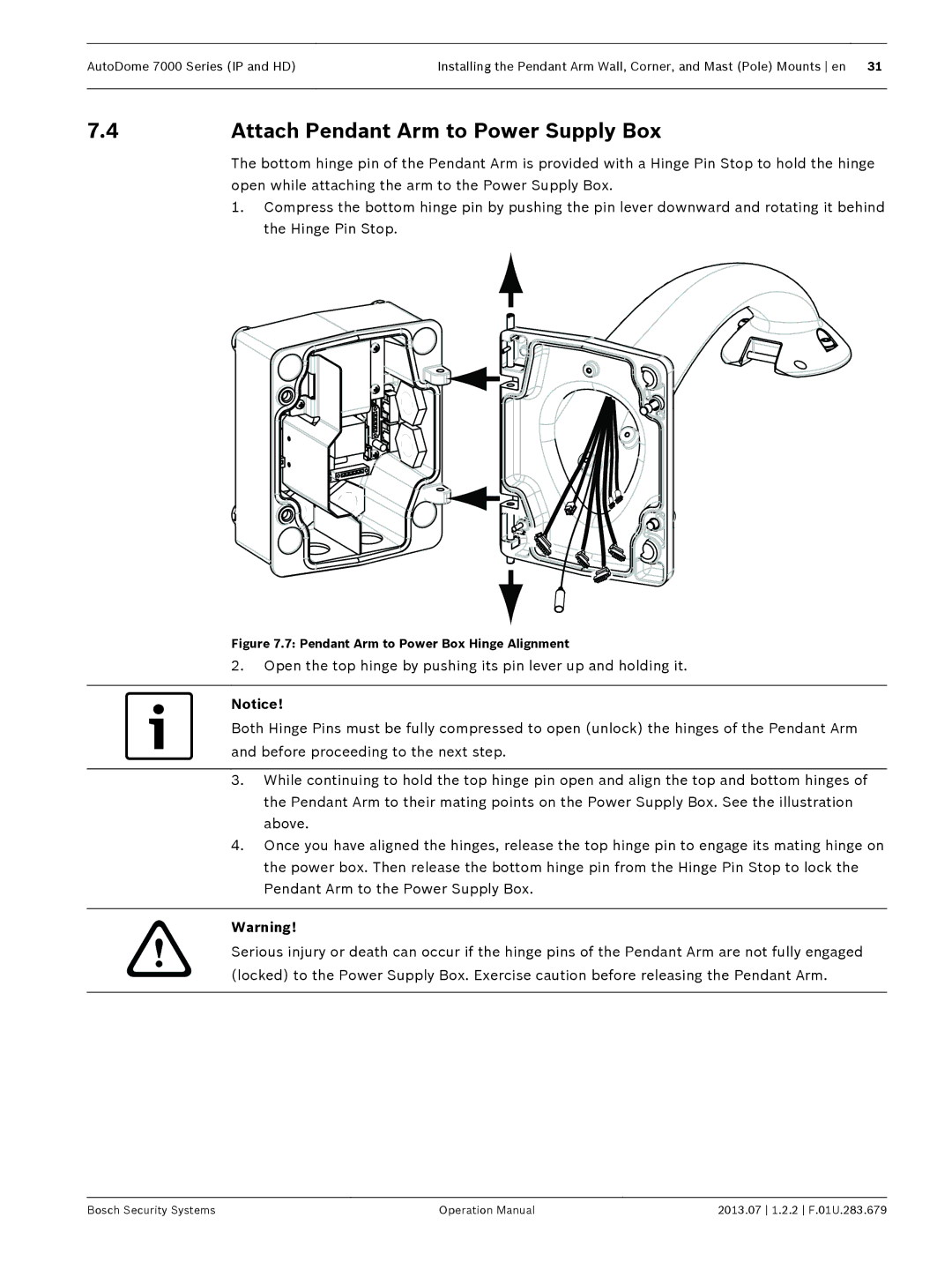 Bosch Appliances 7000 manual Attach Pendant Arm to Power Supply Box, Pendant Arm to Power Box Hinge Alignment 