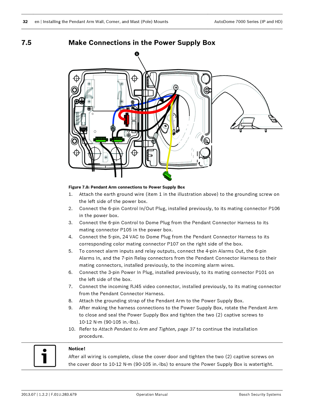 Bosch Appliances 7000 manual Make Connections in the Power Supply Box, Pendant Arm connections to Power Supply Box 