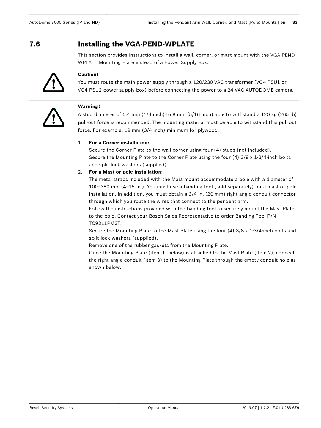 Bosch Appliances 7000 manual 6Installing the VGA-PEND-WPLATE, For a Corner installation, For a Mast or pole installation 