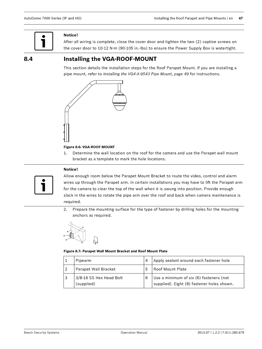 Bosch Appliances 7000 manual Installing the VGA-ROOF-MOUNT, Vga-Roof-Mount 