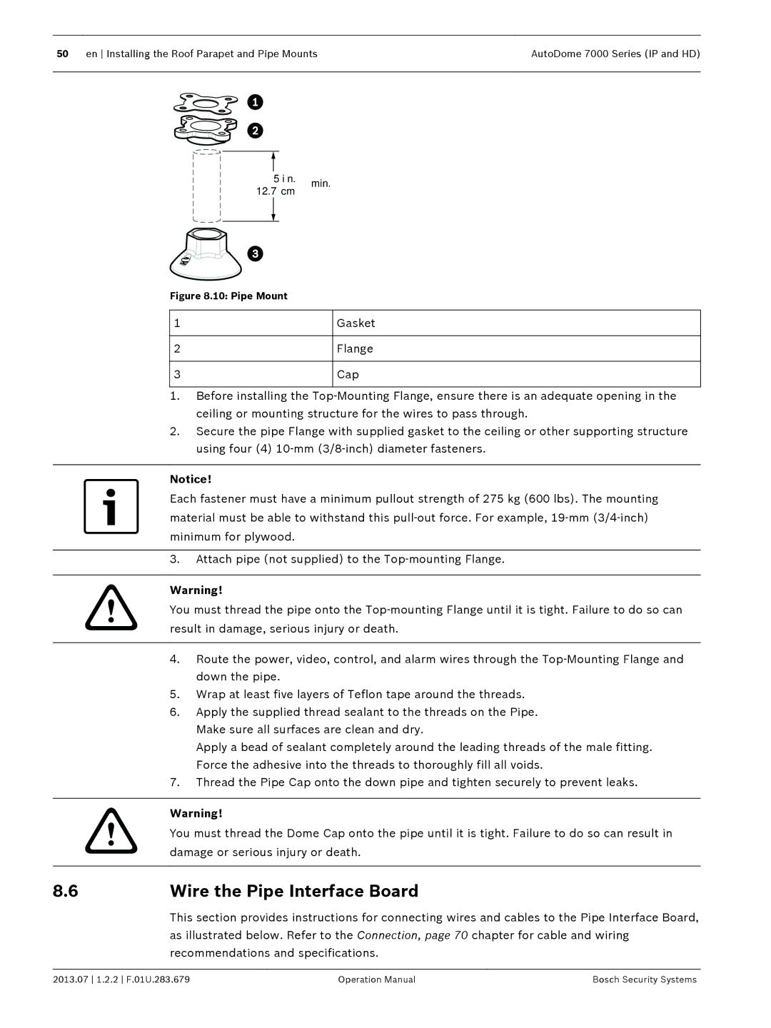 Bosch Appliances 7000 manual 6Wire the Pipe Interface Board, Pipe Mount 