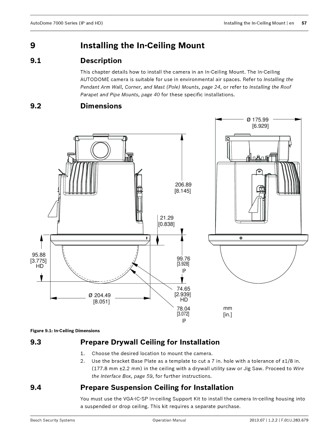 Bosch Appliances 7000 manual Installing the In-Ceiling Mount, Dimensions, Prepare Drywall Ceiling for Installation 