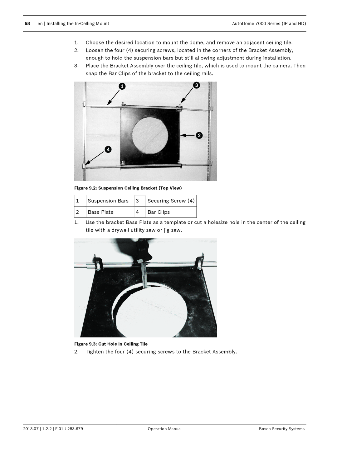 Bosch Appliances 7000 Tighten the four 4 securing screws to the Bracket Assembly, Suspension Ceiling Bracket Top View 