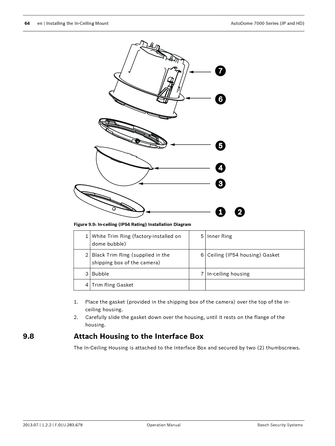 Bosch Appliances 7000 manual Attach Housing to the Interface Box, In-ceiling IP54 Rating Installation Diagram 