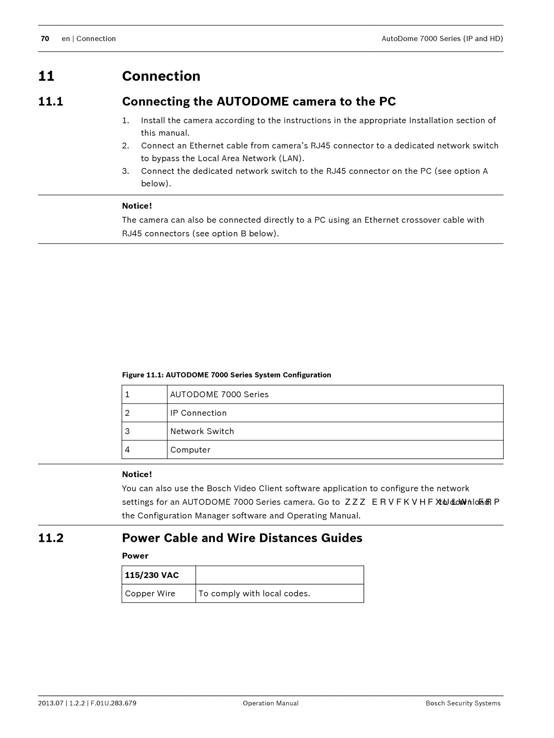 Bosch Appliances 7000 manual Connection, Connecting the Autodome camera to the PC, Power Cable and Wire Distances Guides 