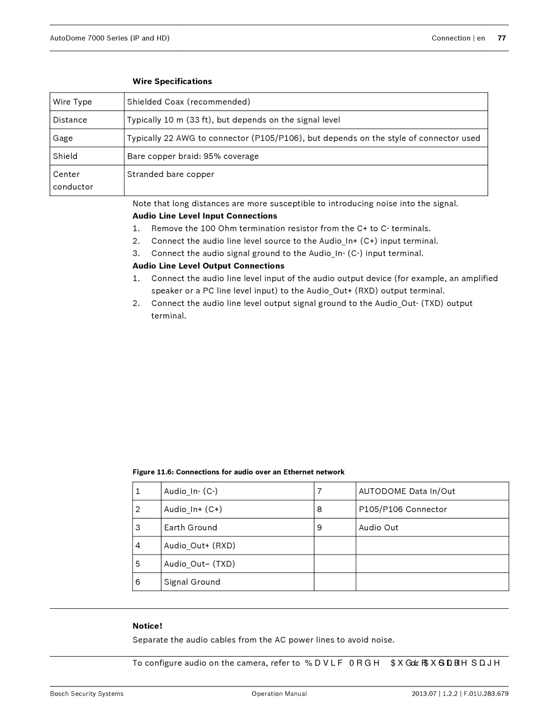 Bosch Appliances 7000 manual Wire Specifications, Audio Line Level Input Connections, Audio Line Level Output Connections 