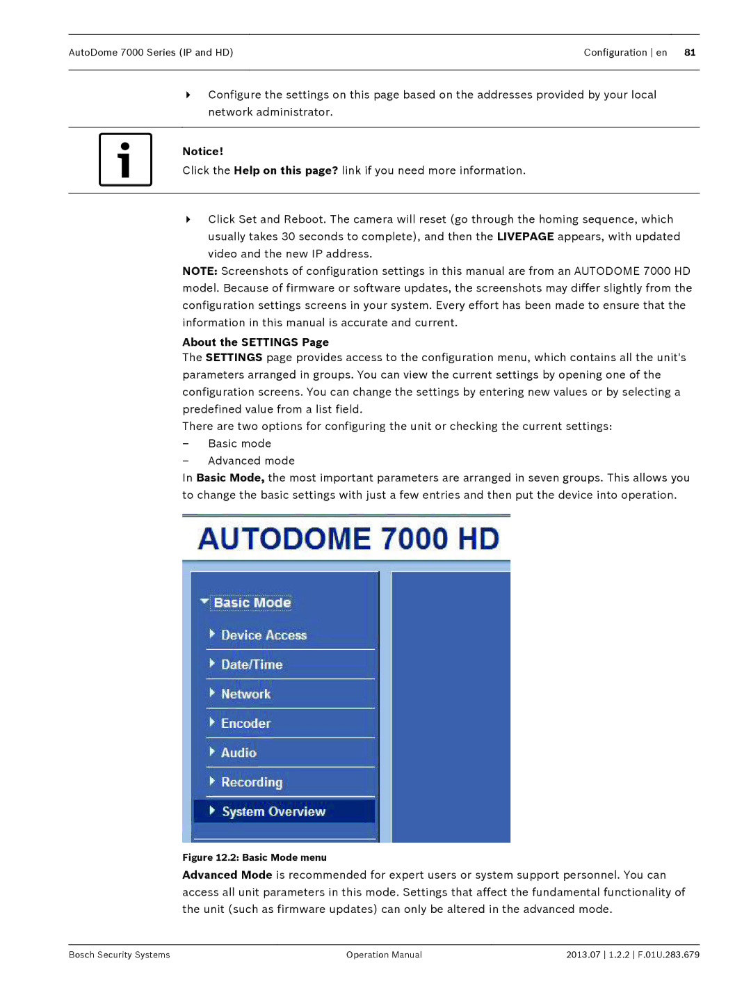 Bosch Appliances 7000 manual About the Settings, Basic Mode menu 