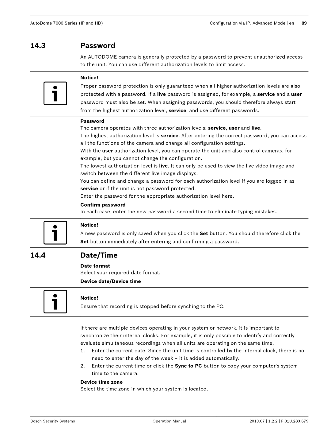 Bosch Appliances 7000 manual Password, Date/Time, Date format, Device date/Device time, Device time zone 