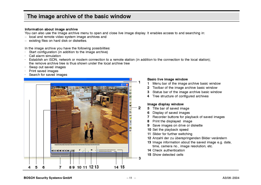 Bosch Appliances 7.x Image archive of the basic window, Information about image archive, Image display window 