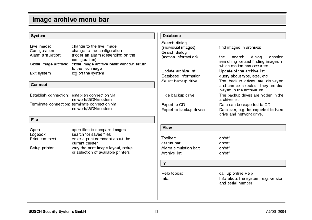 Bosch Appliances 7.x operating instructions Image archive menu bar, Connect, File, Database 