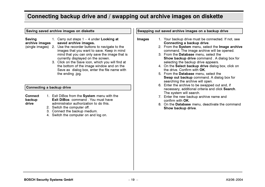 Bosch Appliances 7.x Saving saved archive images on diskette, Archive images Saved archive images, Backup, Drive 