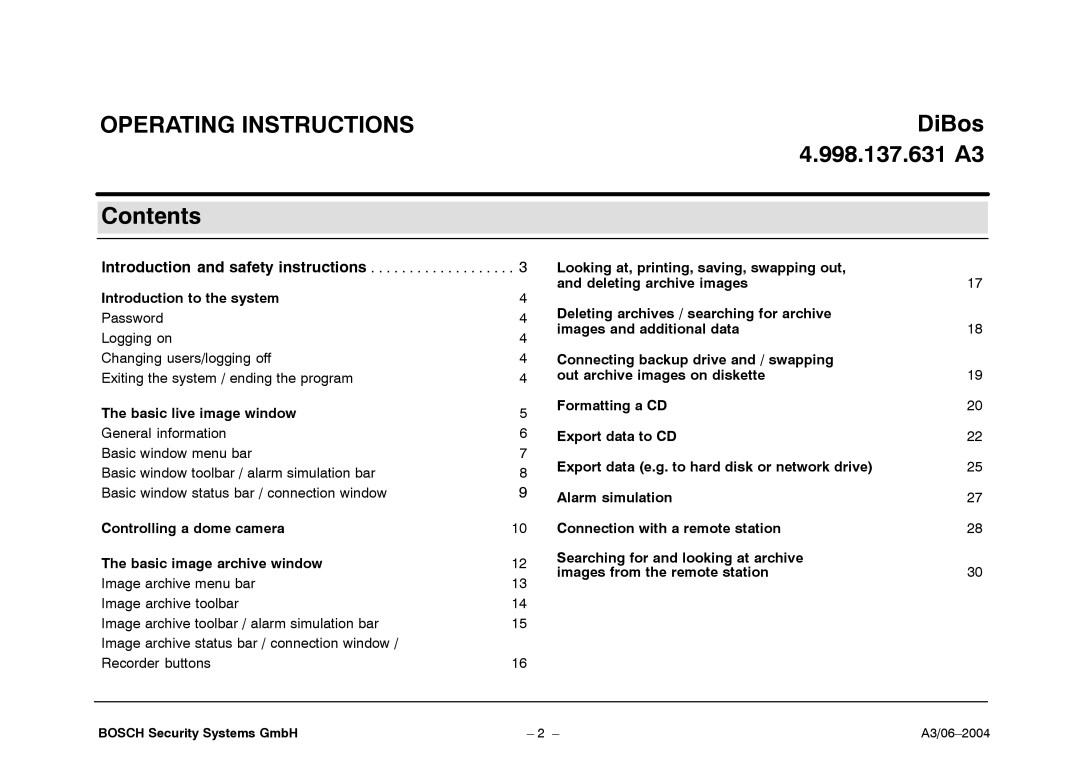 Bosch Appliances 7.x operating instructions DiBos, 998.137.631 A3, Contents 