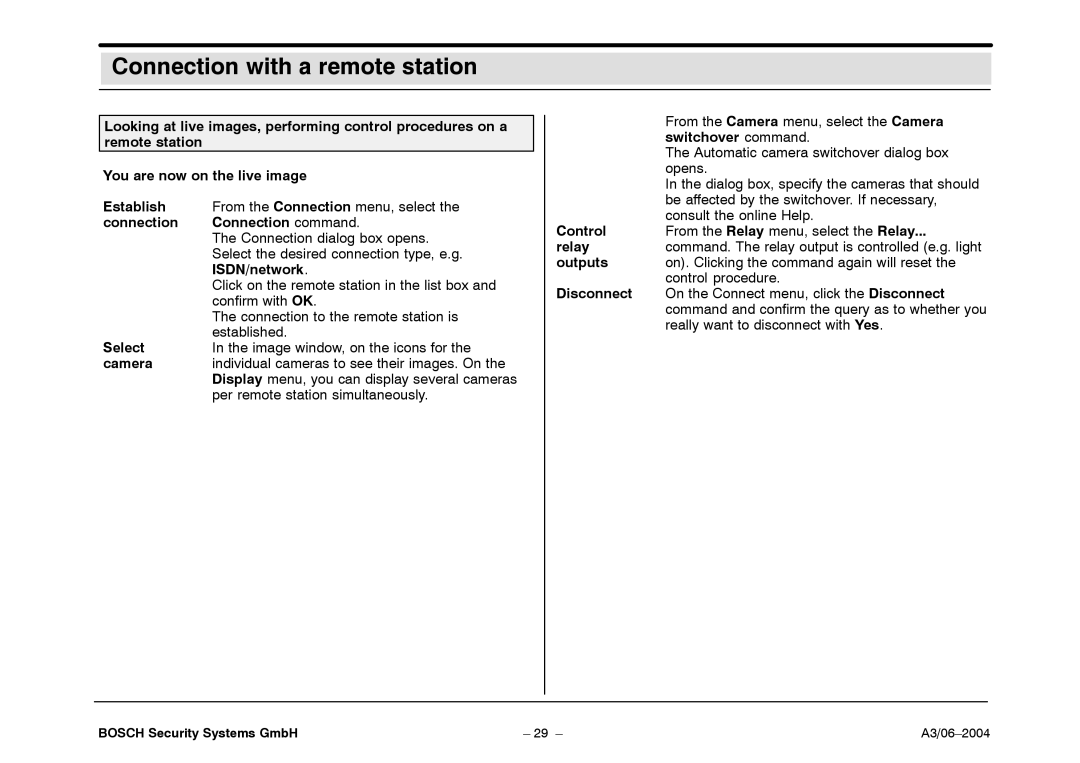 Bosch Appliances 7.x Connection Connection command, ISDN/network, Select, Switchover command, Control, Relay, Outputs 