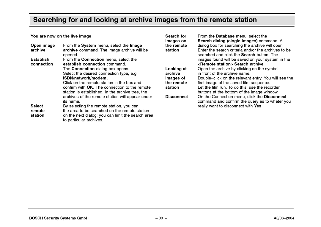 Bosch Appliances 7.x You are now on the live image Open image, Connection Establish connection command, ISDN/network/modem 