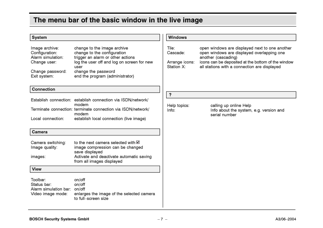 Bosch Appliances 7.x operating instructions Menu bar of the basic window in the live image 