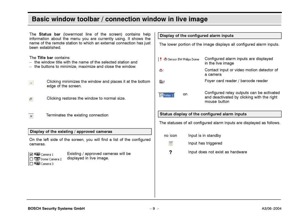 Bosch Appliances 7.x Basic window toolbar / connection window in live image, Display of the existing / approved cameras 