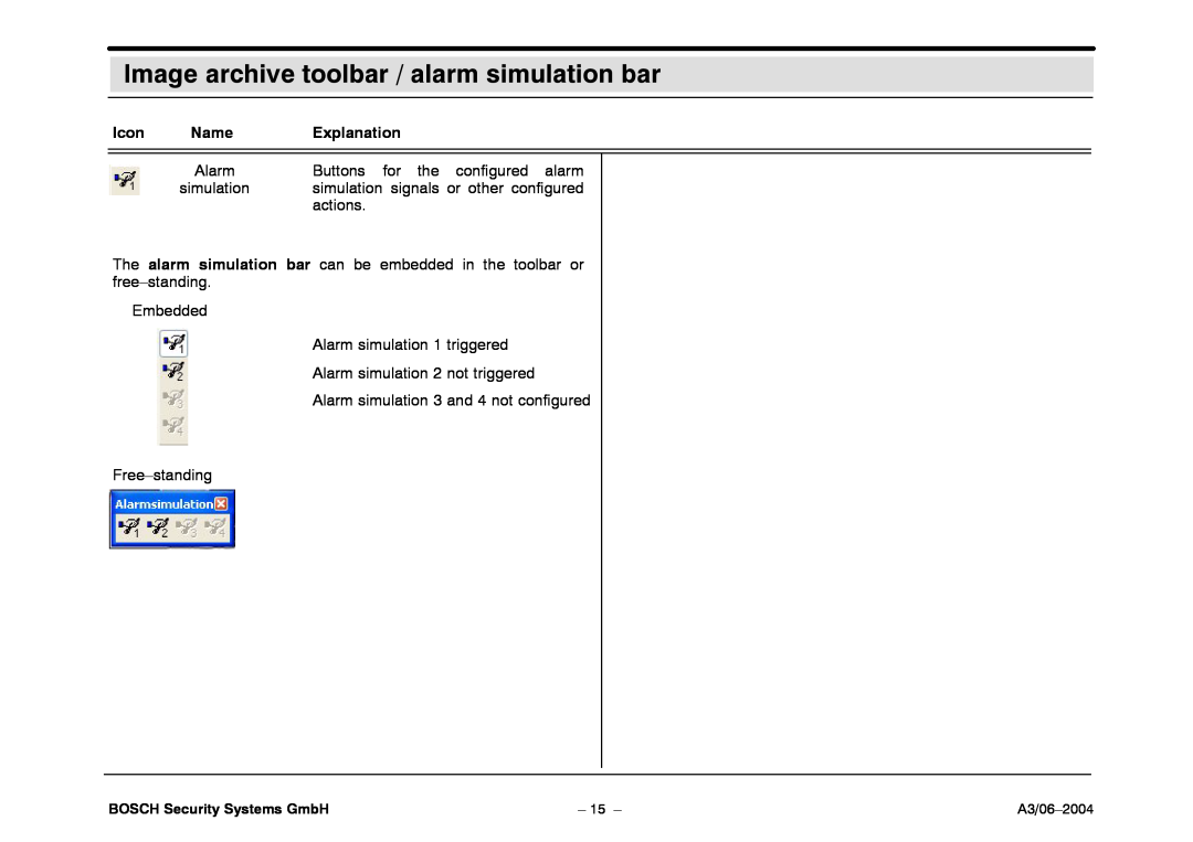 Bosch Appliances 7.x Image archive toolbar / alarm simulation bar, Icon, Name, Explanation, BOSCH Security Systems GmbH 