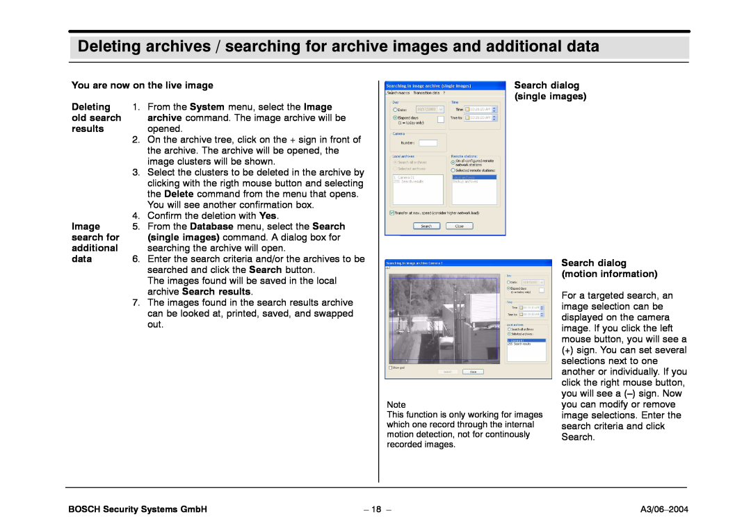 Bosch Appliances 7.x operating instructions Deleting archives / searching for archive images and additional data 