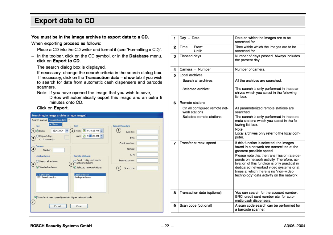 Bosch Appliances 7.x Export data to CD, You must be in the image archive to export data to a CD, A3/06-2004 