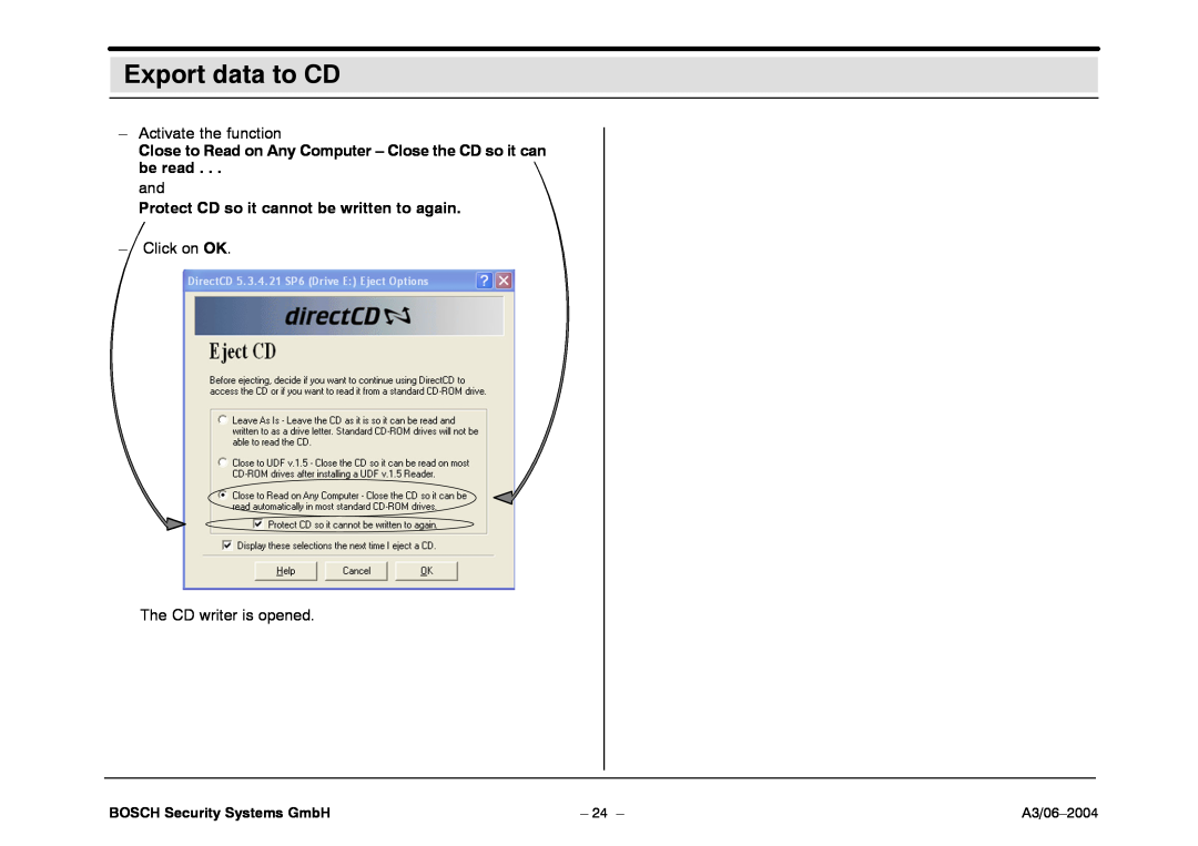 Bosch Appliances 7.x Export data to CD, Activate the function, Protect CD so it cannot be written to again, A3/06-2004 