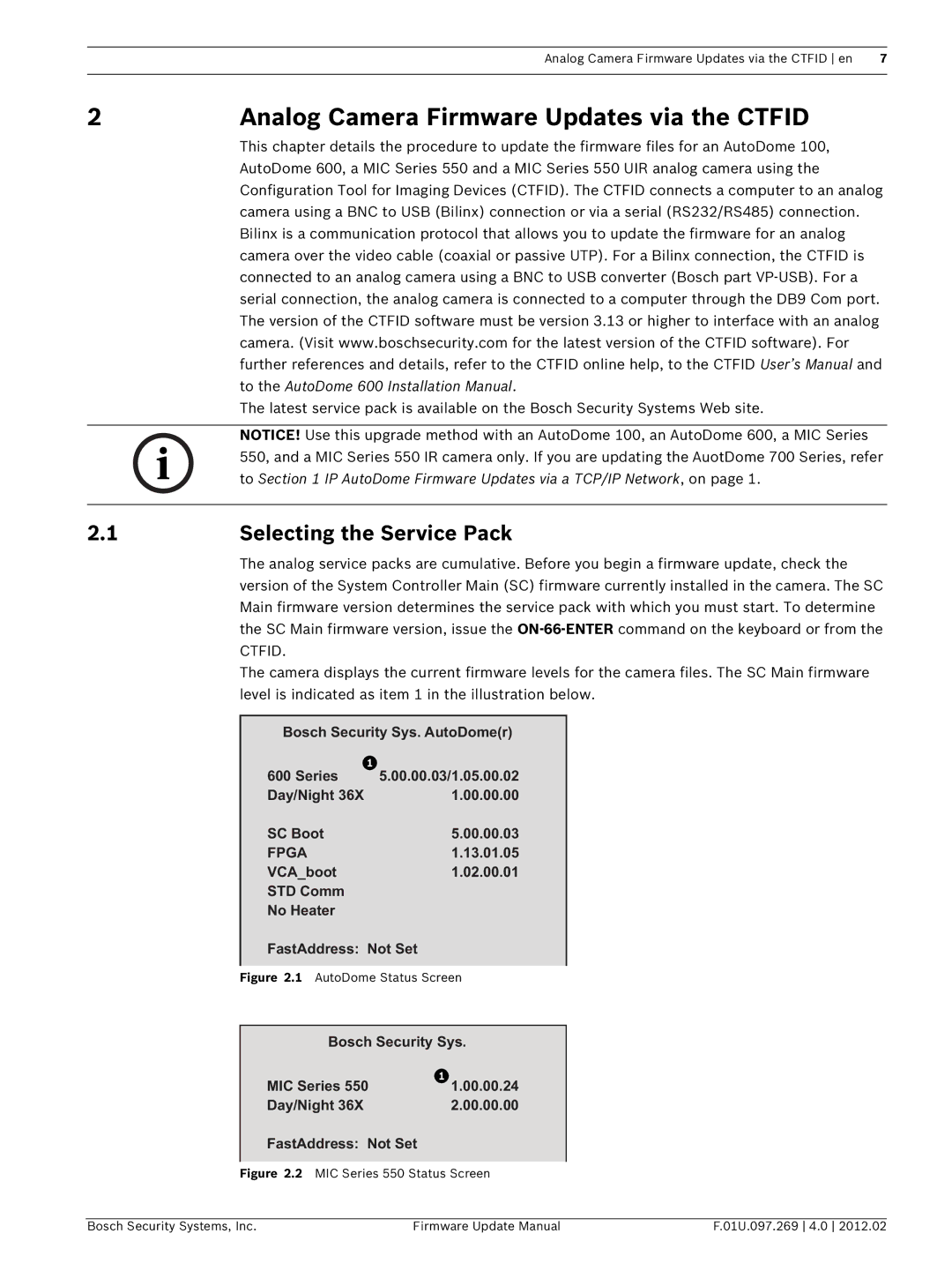 Bosch Appliances 600, 800, 100, 700 user manual Analog Camera Firmware Updates via the Ctfid, Selecting the Service Pack 