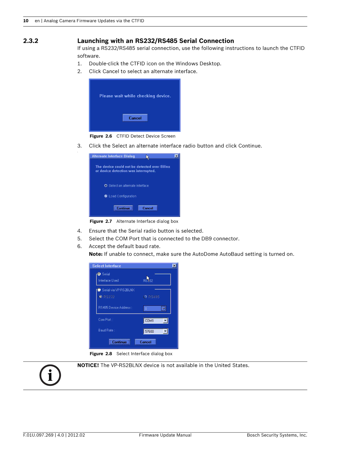 Bosch Appliances 700, 800, 100, 600 user manual Launching with an RS232/RS485 Serial Connection, Ctfid Detect Device Screen 