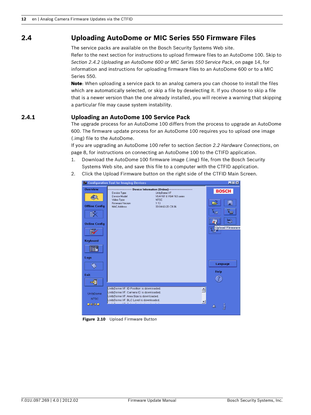 Bosch Appliances 800, 700, 600 Uploading AutoDome or MIC Series 550 Firmware Files, Uploading an AutoDome 100 Service Pack 