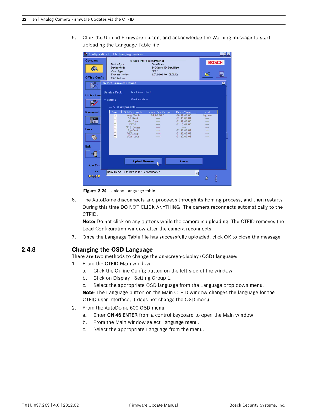 Bosch Appliances 700, 800, 100, 600 user manual Changing the OSD Language, Upload Language table 