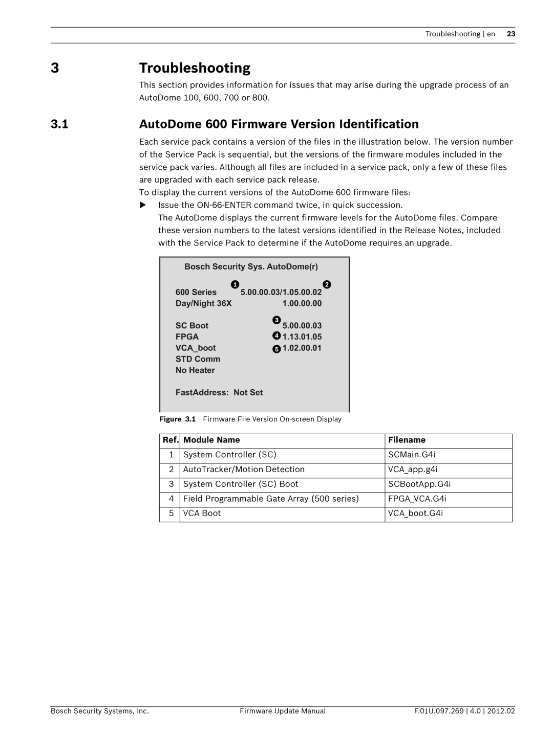 Bosch Appliances 800, 100, 700 user manual 3Troubleshooting, AutoDome 600 Firmware Version Identification 