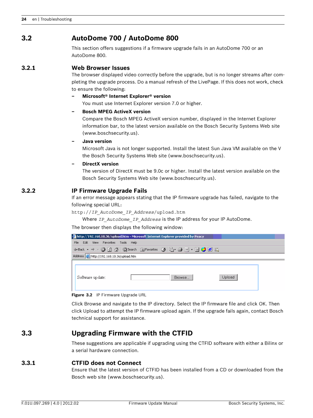 Bosch Appliances 800, 100, 600 user manual AutoDome 700 / AutoDome, Upgrading Firmware with the Ctfid, Web Browser Issues 