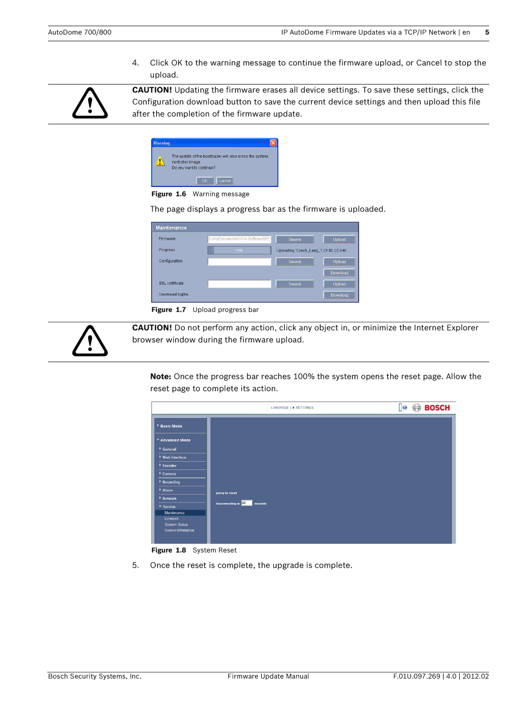 Bosch Appliances 100, 800, 700, 600 user manual Browser window during the firmware upload 