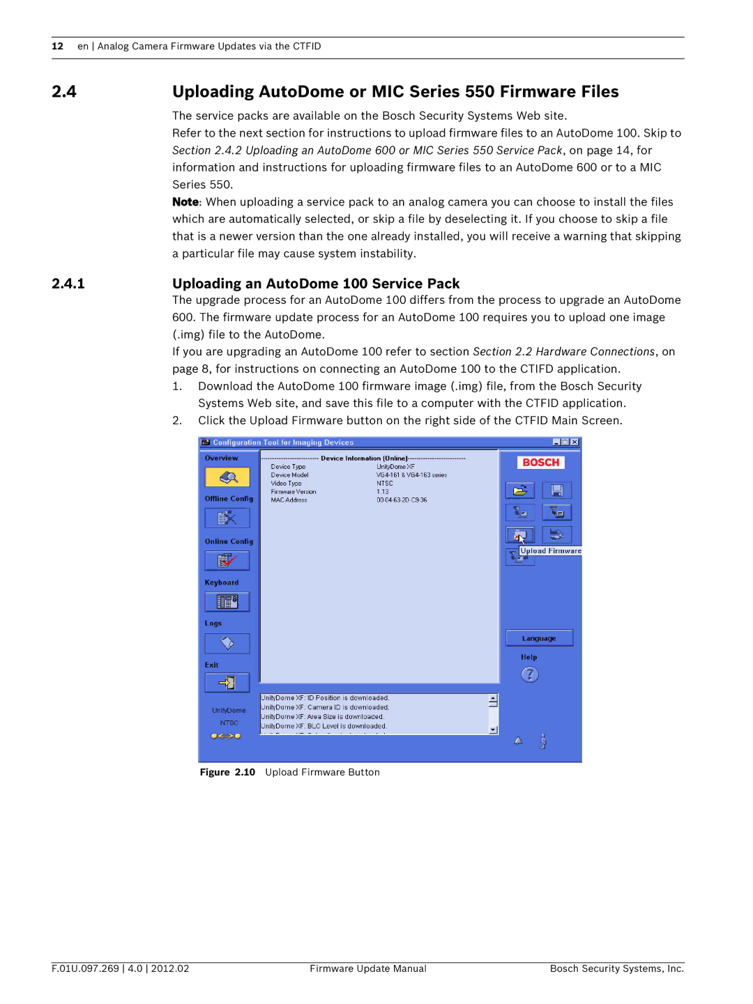 Bosch Appliances 800, 700, 600 Uploading AutoDome or MIC Series 550 Firmware Files, Uploading an AutoDome 100 Service Pack 