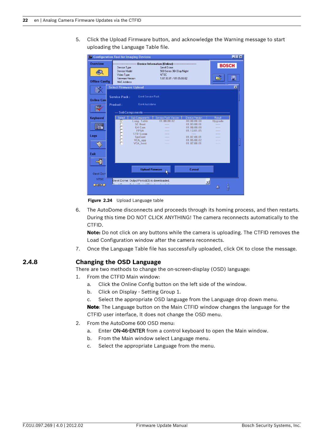 Bosch Appliances 700, 800, 100, 600 manual Changing the OSD Language, Upload Language table 