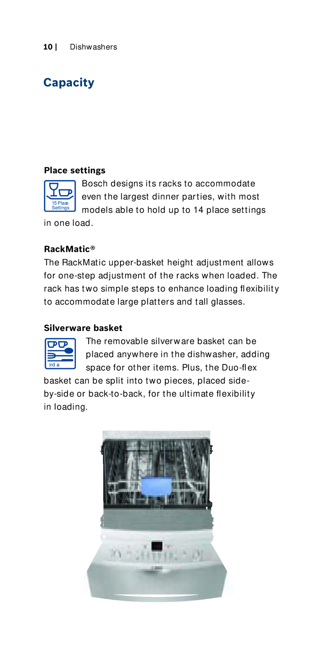 Bosch Appliances 800 Series manual Capacity, Place settings, RackMatic, Silverware basket 