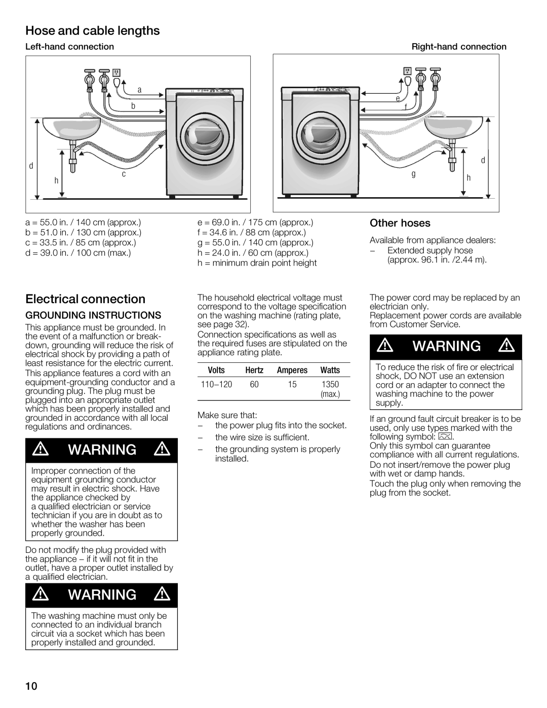 Bosch Appliances 800 Series manual Hose and cable lengths, Electrical Connection, Other hoses, Do not 