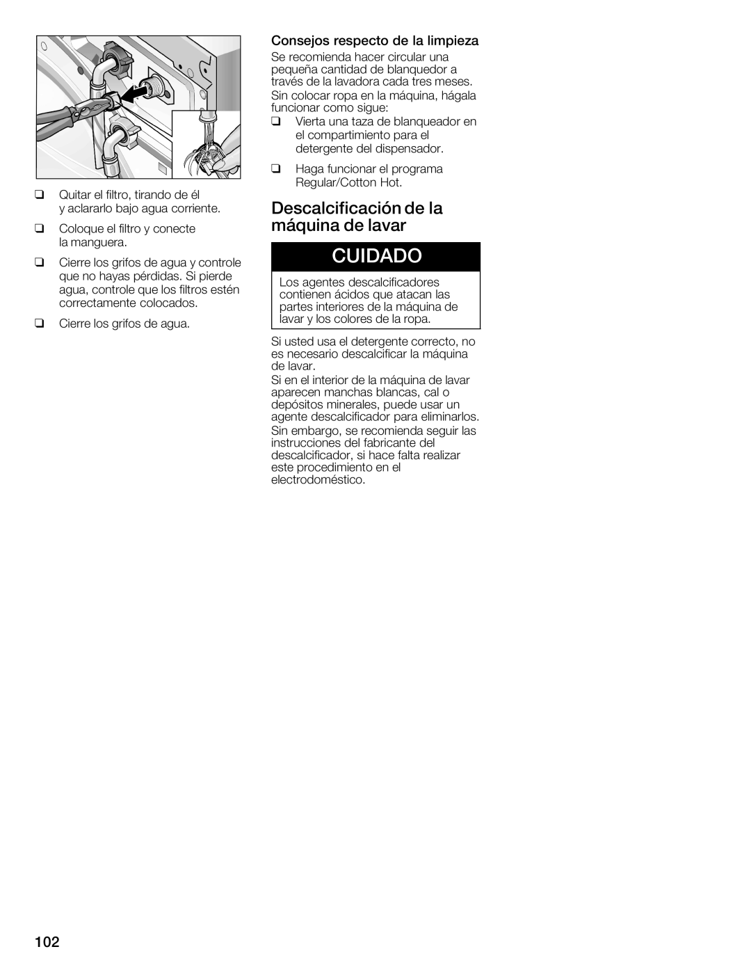 Bosch Appliances 800 Series manual Descalcificación, Máquina Lavar, 102, Consejos respecto de la limpieza 