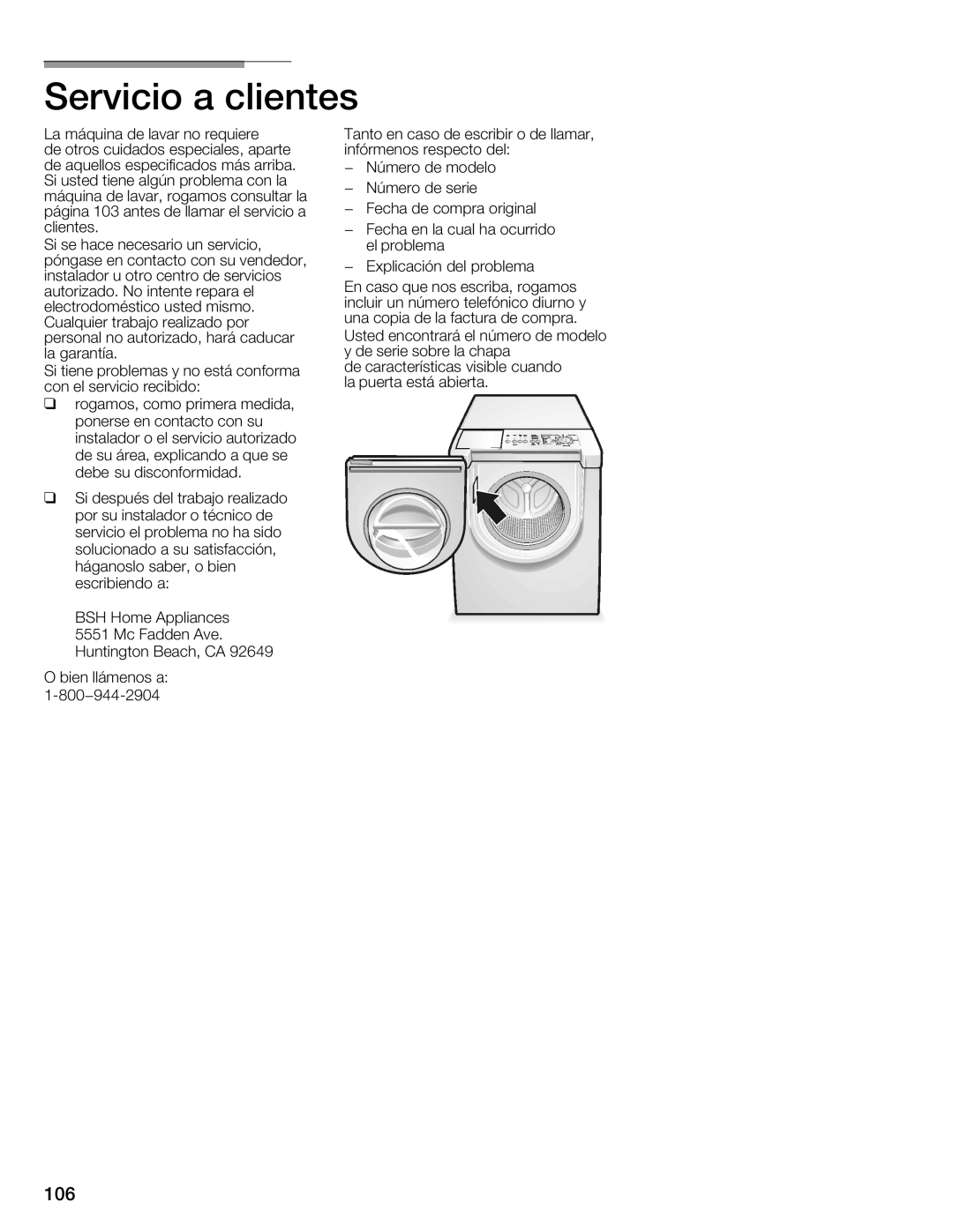 Bosch Appliances 800 Series manual Servicio a clientes, 106 