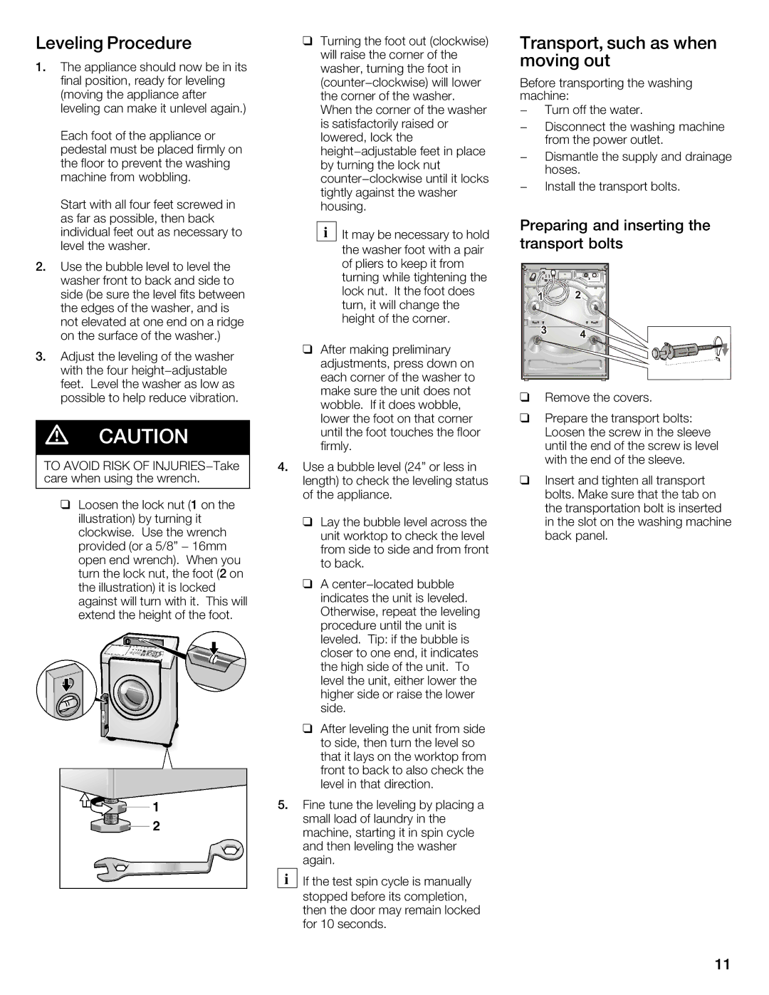 Bosch Appliances 800 Series manual Leveling Procedure, Clockwise Transport, such As when, Moving out, Inserting, Bolts 