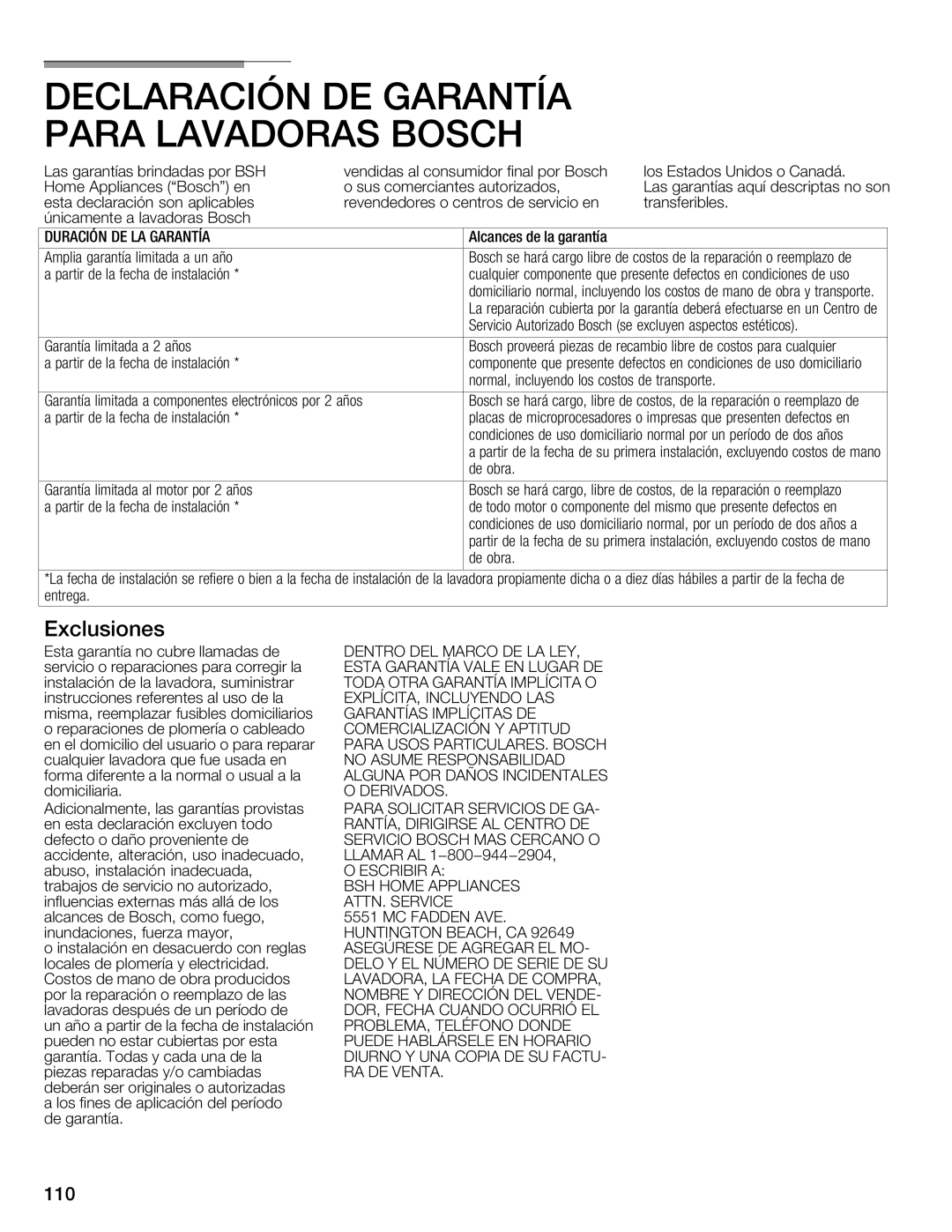 Bosch Appliances 800 Series manual Exclusiones, 110 