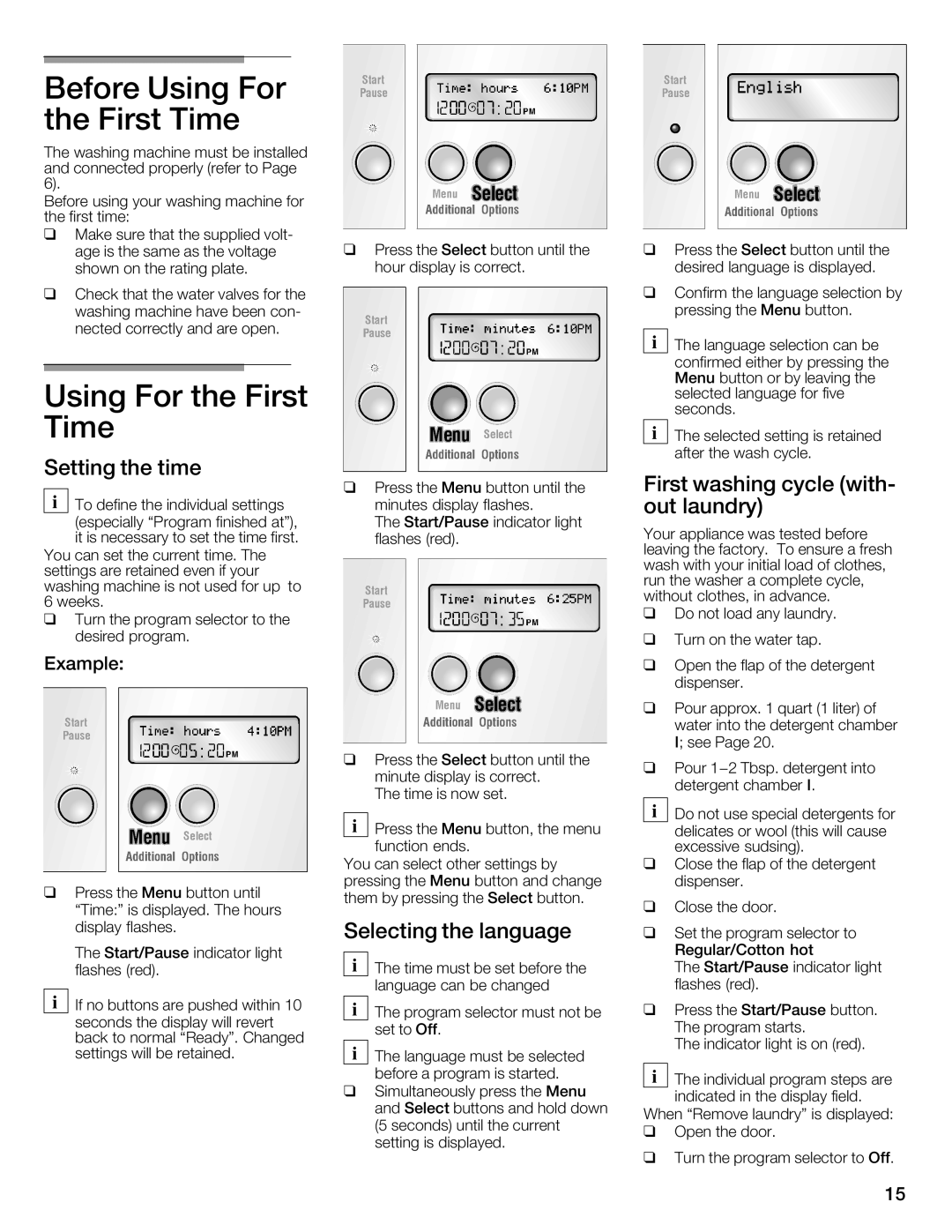 Bosch Appliances 800 Series manual Before Using For the First Time, Setting the time, Selecting the language, Example 